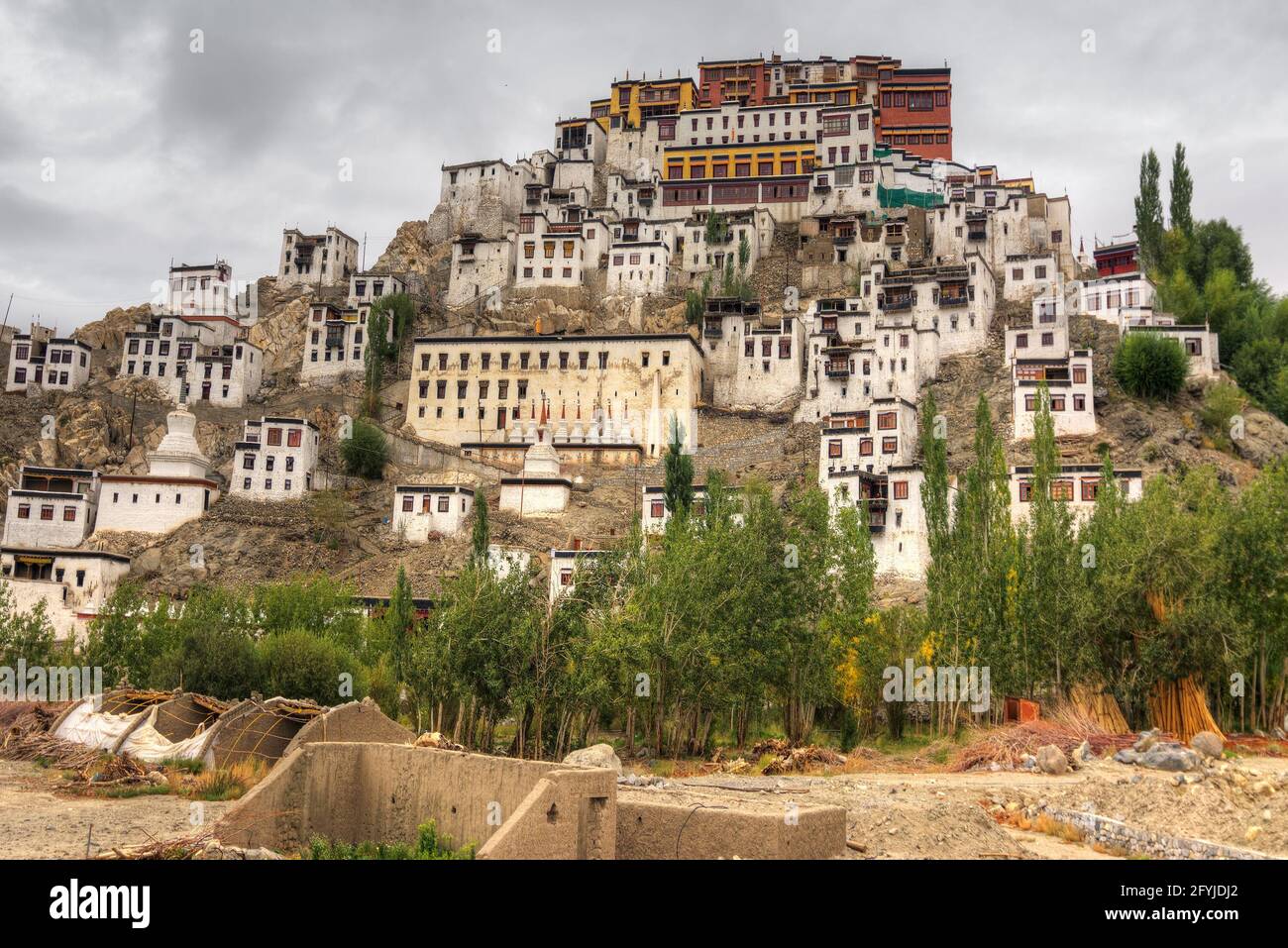 Thiksay monastery with view of Himalayan mountians - it is a famous Buddhist temple in,Leh, Ladakh, Jammu and Kashmir, India. Stock Photo