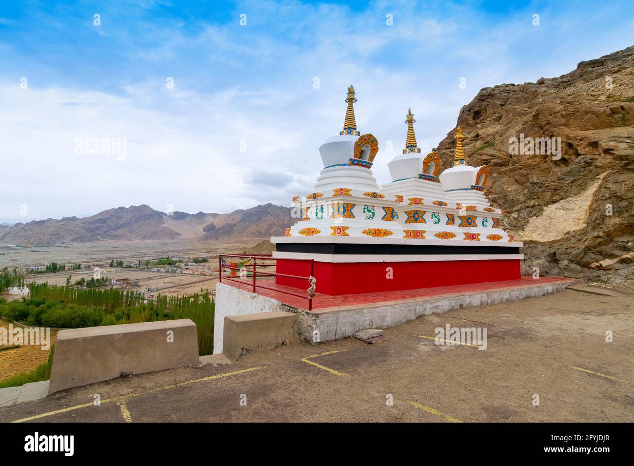 Three buddist stupas at Thiksay monastery. Image shot at Leh, Ladakh, Jammu and Kashmir - India Stock Photo