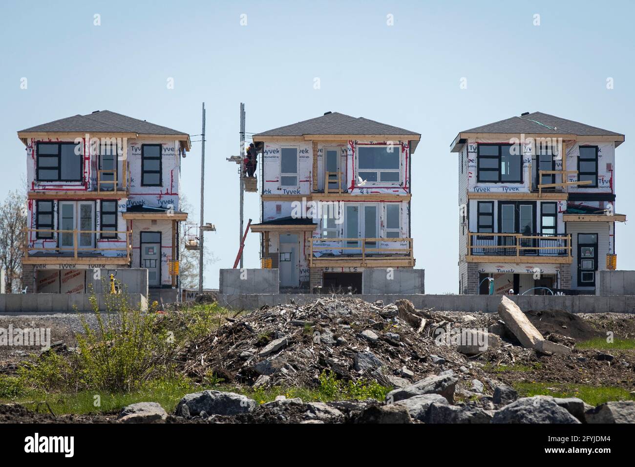 New houses under construction in Amherstview, Ontario on Friday May 14, 2021. Stock Photo