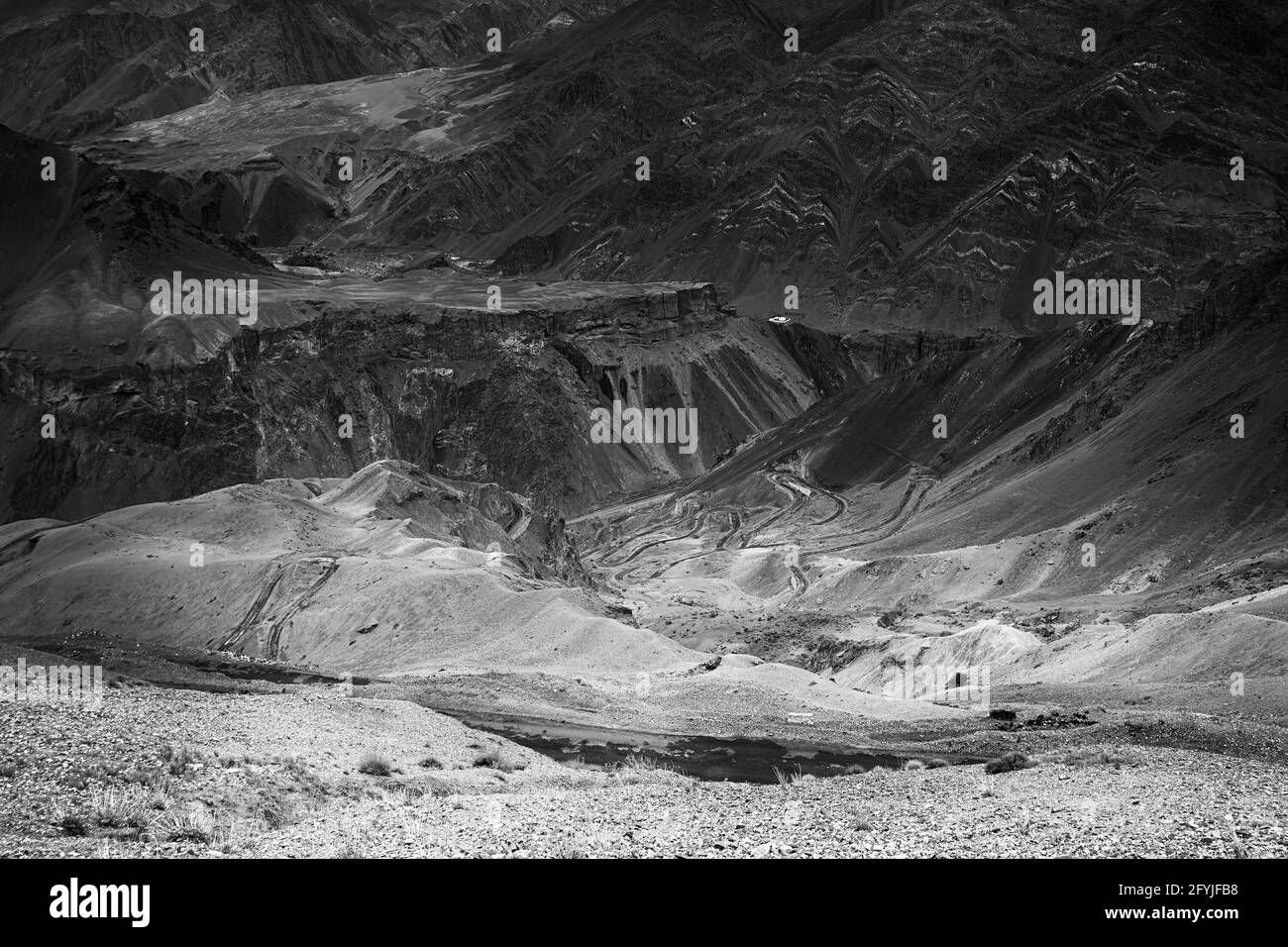 Beautiful black and white aerial view of moonland , Himalayan mountain background, Ladakh,Jammu and Kashmir, India. Stock photograph of Ladakh. Stock Photo