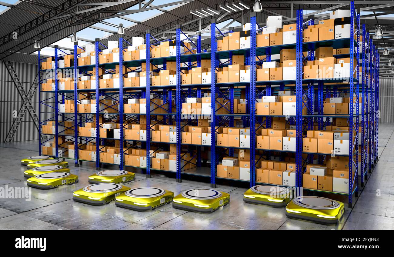 Warehouse Racking Robots Warehouse with packages, rack shelves and robots - 3D illustration ...