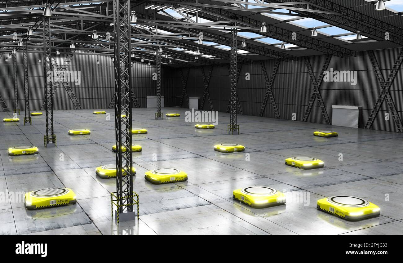 Yellow autonomous robots in warehouse - 3D illustration Stock Photo