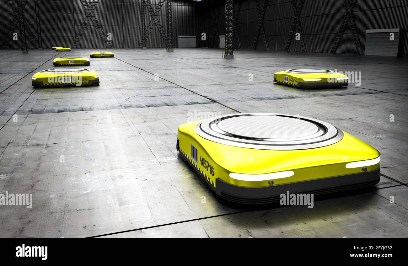 Yellow autonomous robots in warehouse - 3D illustration Stock Photo