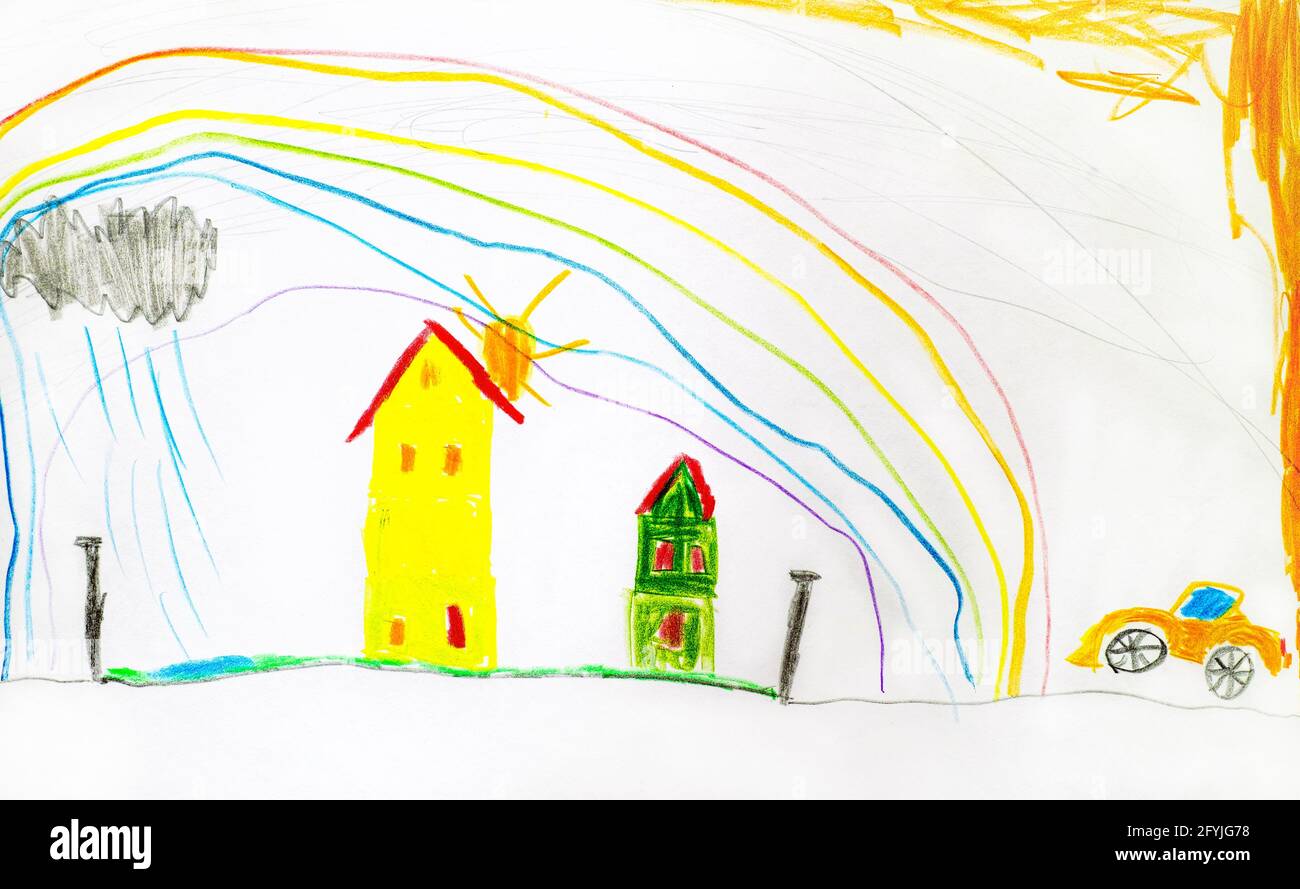 House Under the Rainbow, Everything will be Fine, Positive Thinking,  Five-Year-Old Child Art, Nursery Decor, Wax Crayons Kid Drawings, Toddler  Pencil