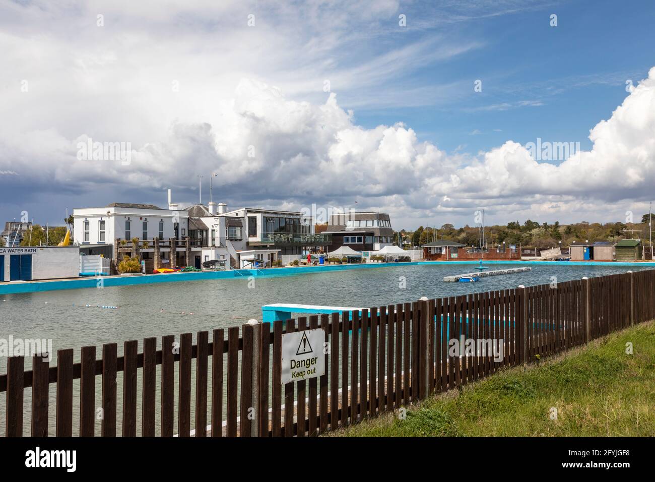 Lymington Sea Water Baths. The oldest open air natural swimming pool in the UK. Lymington, Hampshire, England, UK Stock Photo
