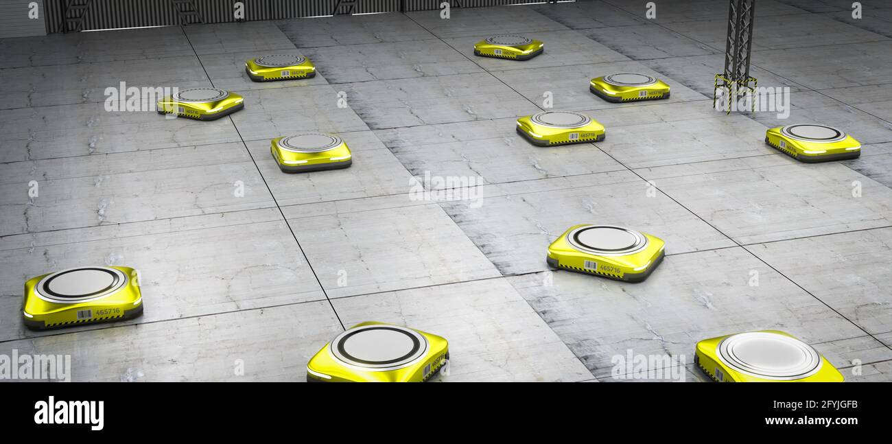 Yellow autonomous robots in warehouse - 3D illustration Stock Photo