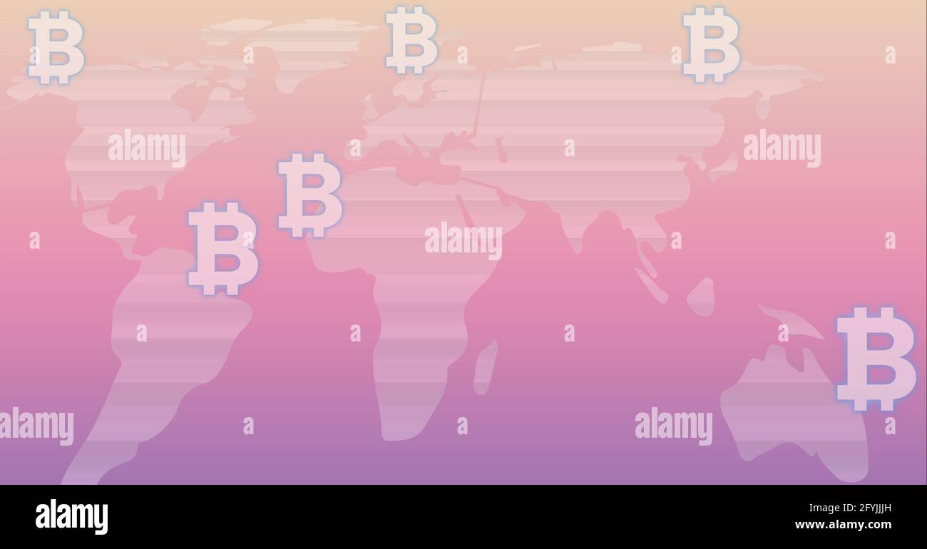 Composition of bitcoin symbols on world map pink background Stock Photo