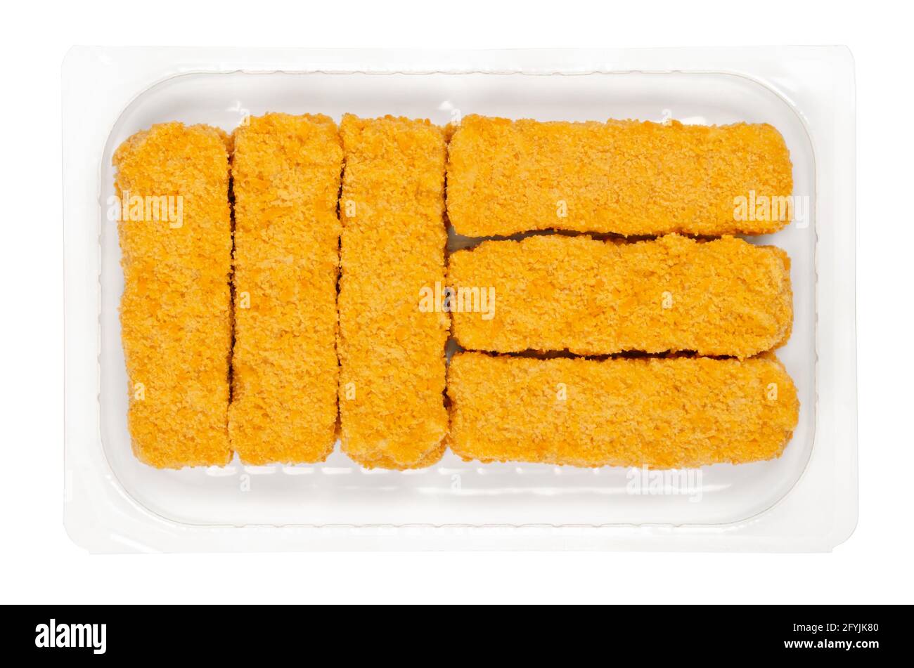 Vegan fish fingers, ready to fry in a clear plastic container. Vegan fish sticks, based on soy protein, in crispy breading, pre-fried and cooked. Stock Photo