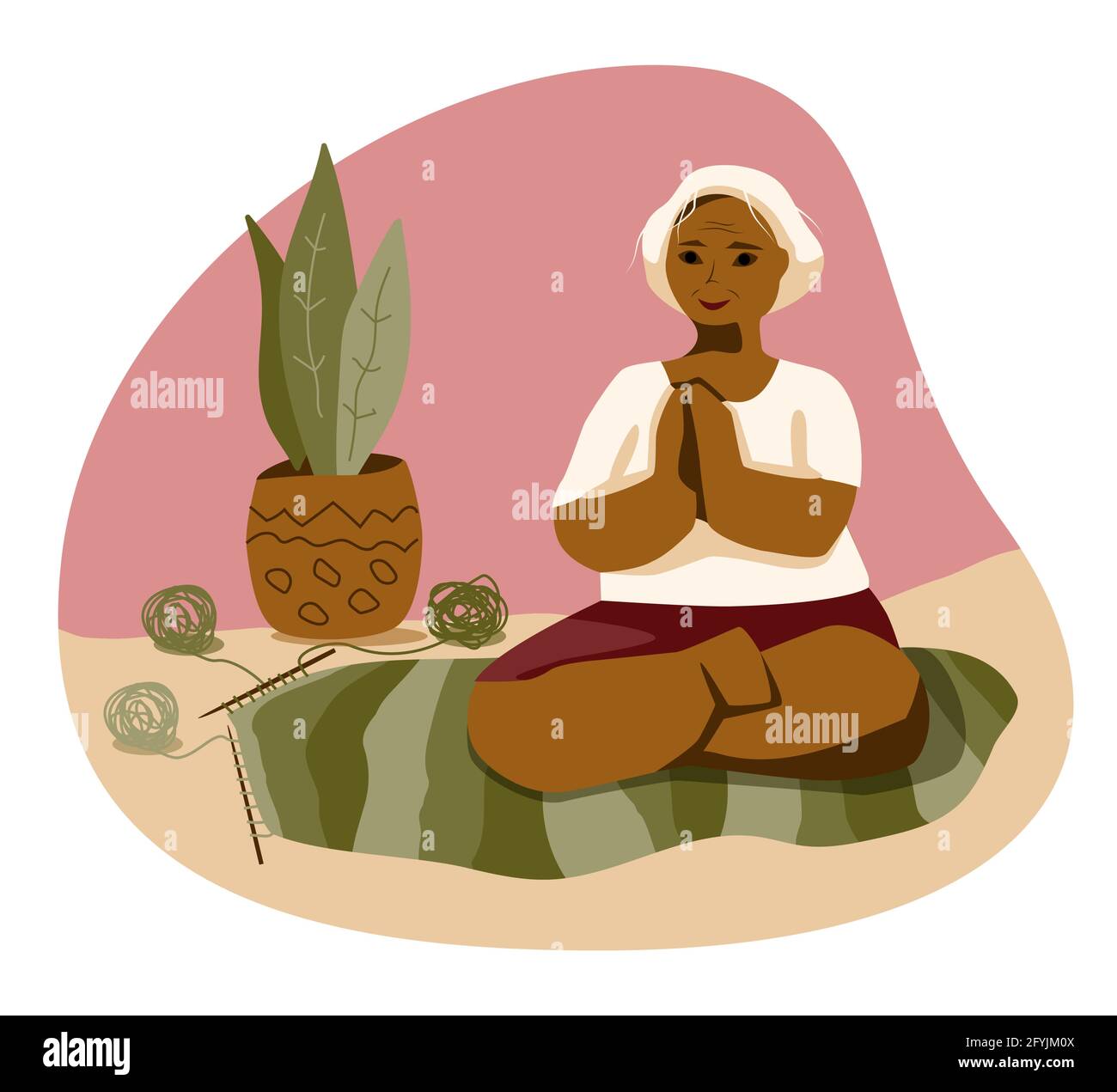 Elderly dark plus size woman home workout in yoga lotus position. Self care meditation in home with knitting hobby near. Spiritual discipline at home on knitted rug. Cute old lady with her hobby and plant vector illustration Stock Vector
