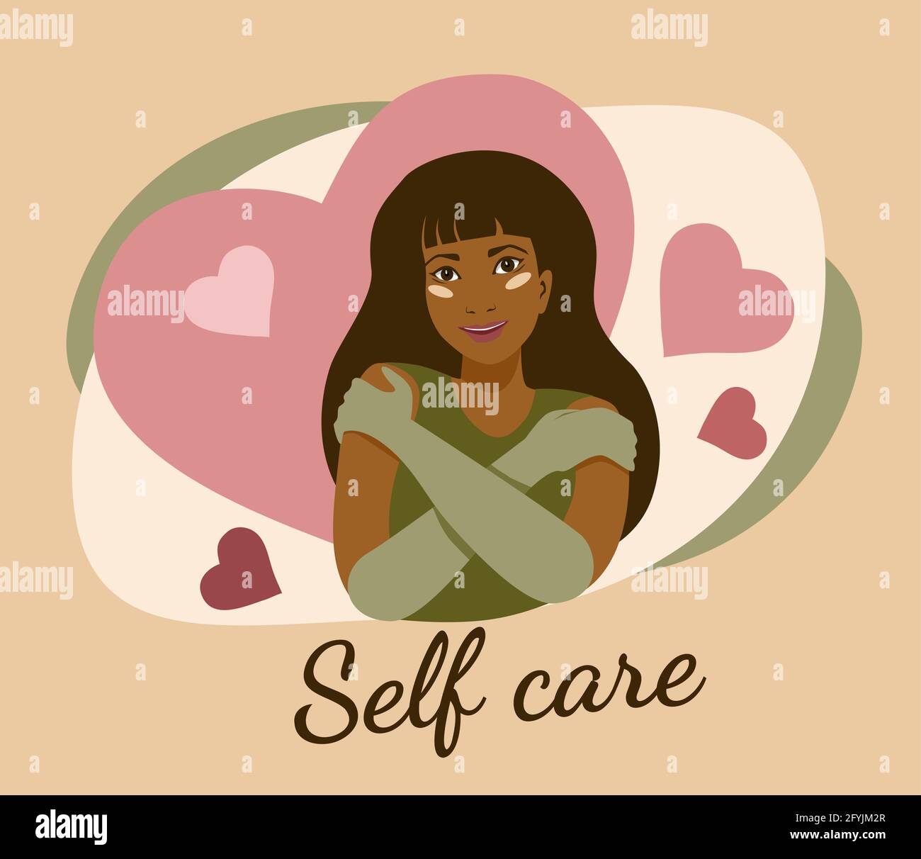 Self care cartoon tanned young girl in gloves hugging herself with hearts on background card poster concept. Self care text. Love yourself vector illustration. Stock Vector