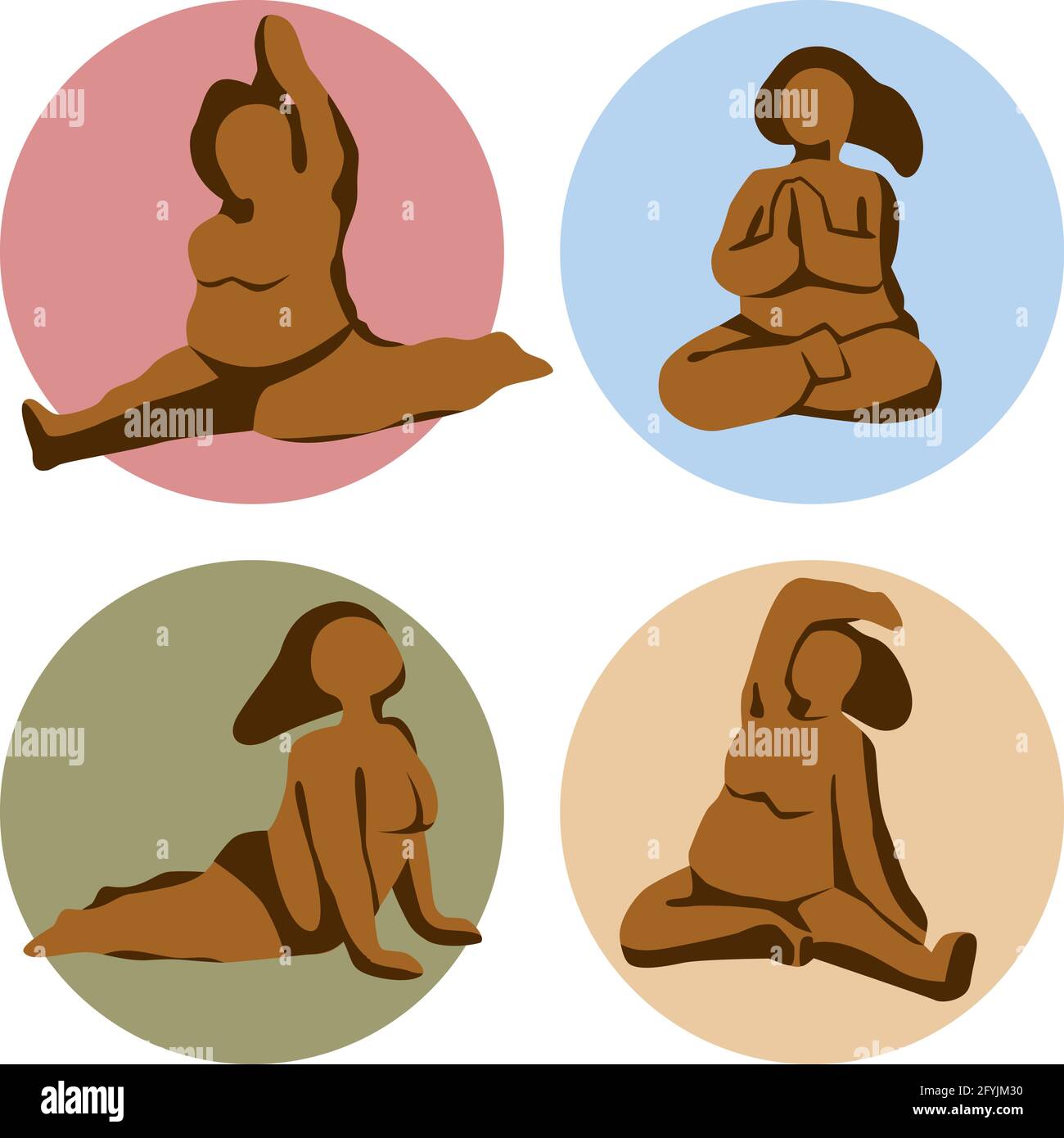 Plus size fat abstract woman workout in yoga poses. Bodypositive lady icons set. Active overweight girl. Up dog svanasana, cobra, lotus, monkey hanumanasana yoga poses vector illustration Stock Vector