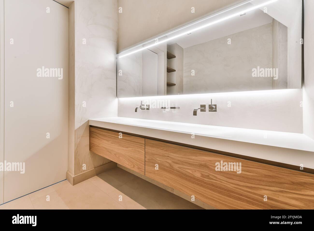 Minimalist wooden with double washbasins and wall mount faucets