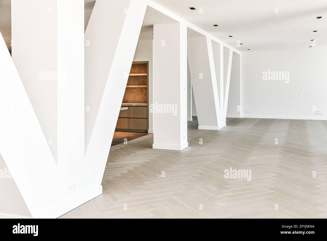 Image showcasing Luxury open plan penthouse apartment with parquet flooring and row of ...