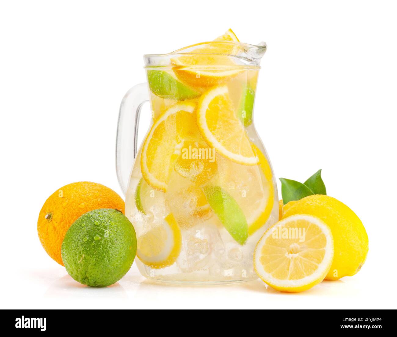 Fresh lemonade glass pitcher with ripe citrus fruits. Isolated on white