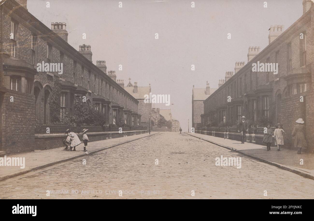Vintage 1905 Edwardian photographic postcard showing children in Miriam Road, Anfield, Liverpool, England Stock Photo