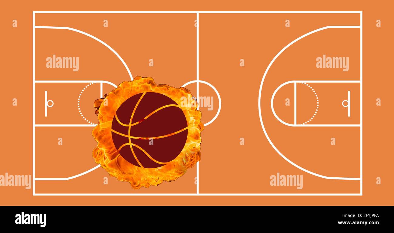 Composition of basketball on fire over orange basketball court Stock