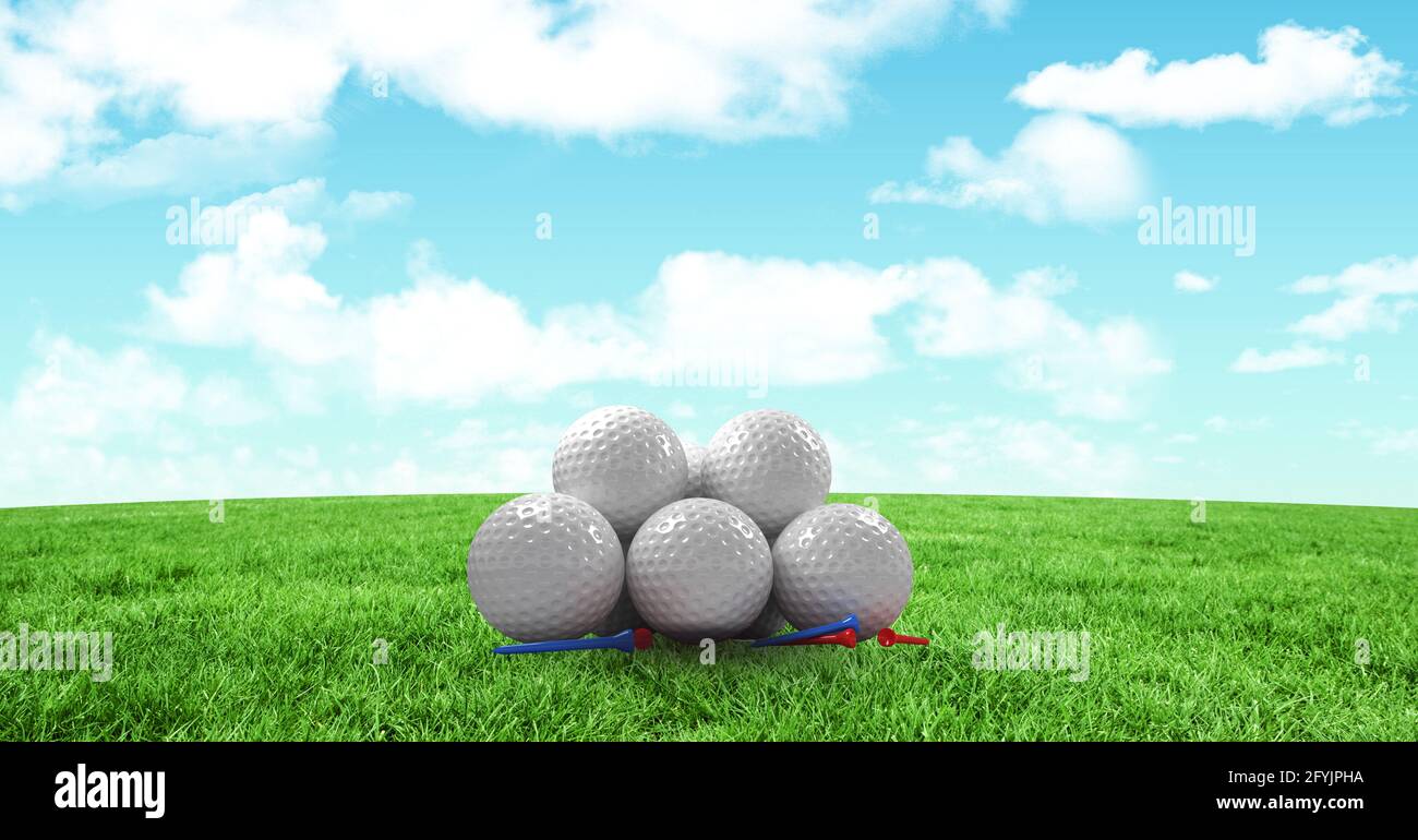 Composition of stack of golf balls in grass with tees and copy space