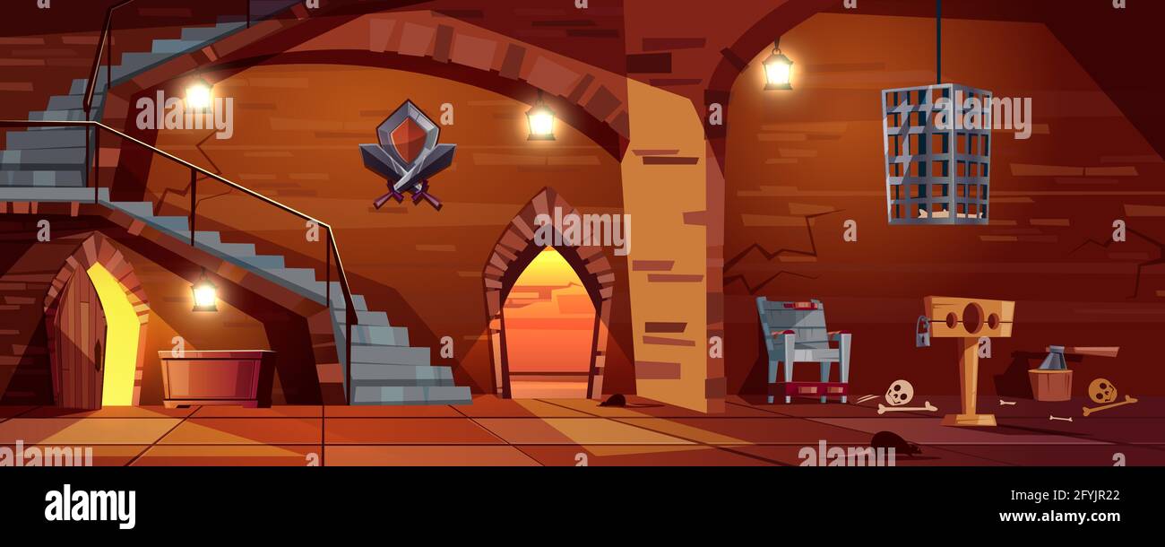 Vector cartoon background with medieval torture hall, Romanesque room of executioner. Prison in cellar with stairs, bones on the floor. Scaffold, torm - Stock Image