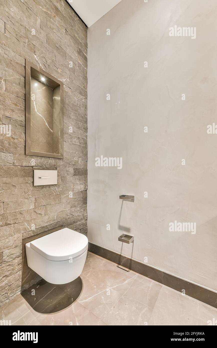 Interior design of small modern restroom with white toilet in corner