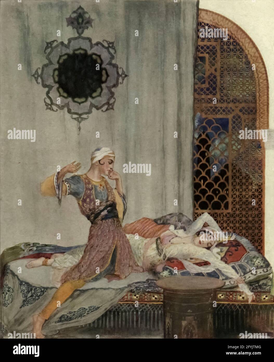 Camaralzaman Woke, And To His Amazement Found A Most Beautiful Damsel Colour illustration from the book '  More tales from the Arabian nights, based on the translation from the Arabic ' by Edward William Lane and Frances Jenkins Olcott, Publisher New York, H. Holt and company 1915 Stock Photo