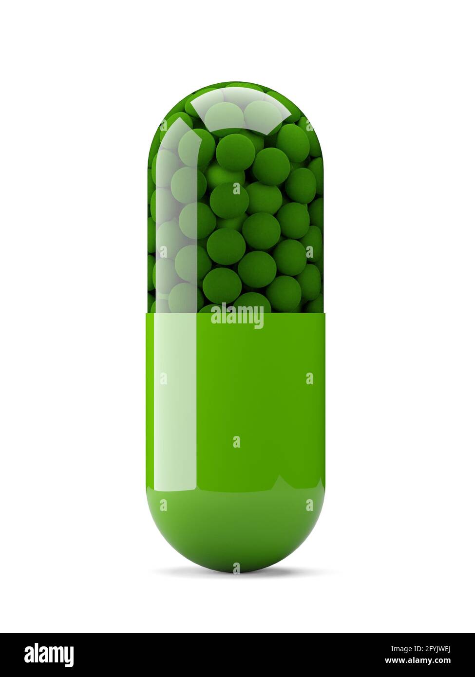 Green pill capsule standing over white background, medical treatment