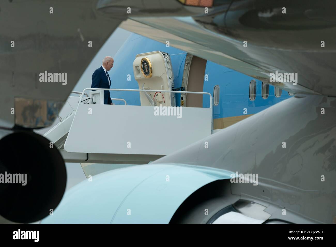 United States President Joe Biden boards Air Force One at Joint Base Andrews, to make remarks at Joint Base Langley-Eustis in Virginia,  Friday, May 28, 2021. Credit: Chris Kleponis / Pool/Sipa USA Stock Photo