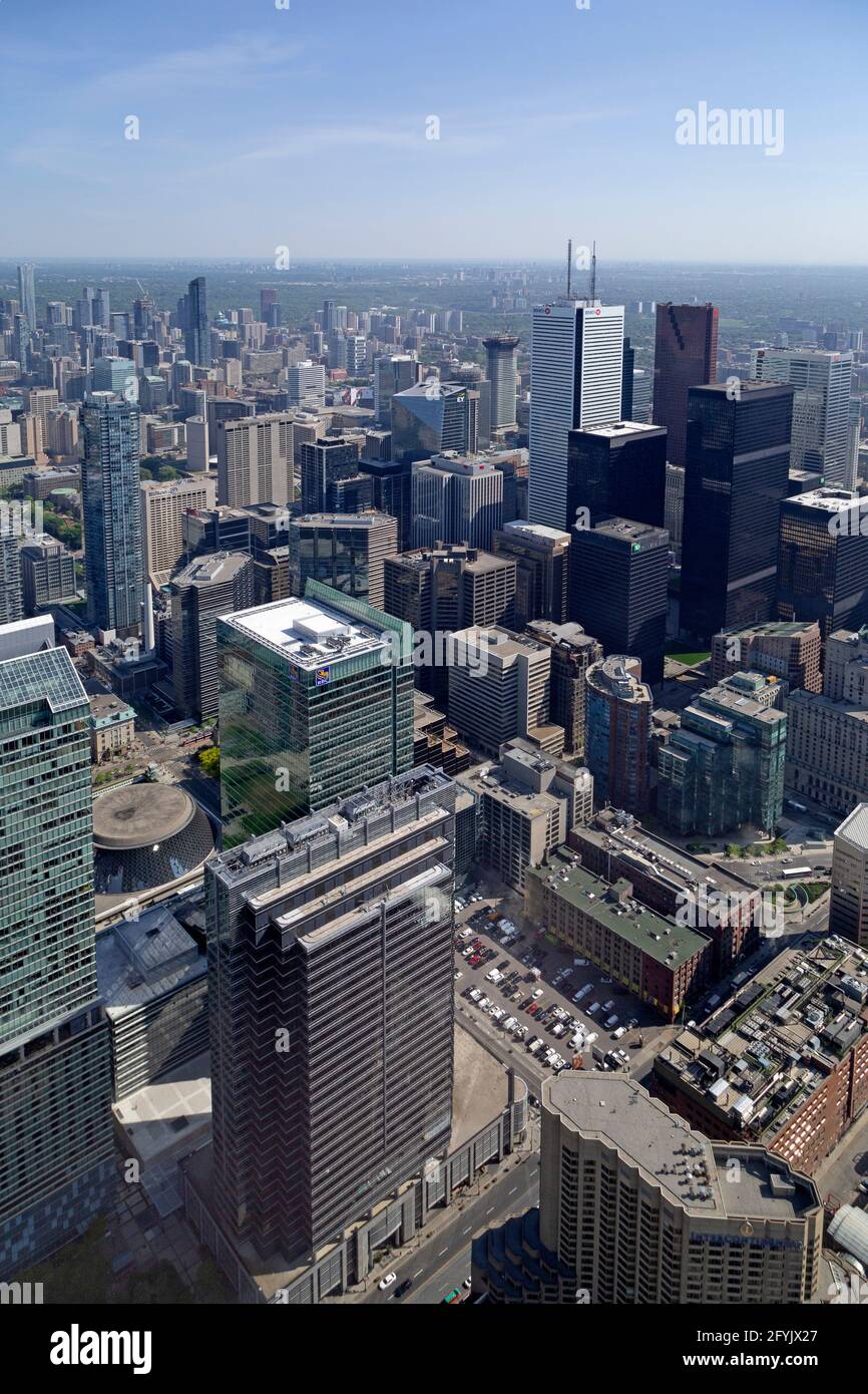 Builidings in downtown Toronto, Ontario, Canada. The skyscrapers and suburbs are seen from the CN Tower. Stock Photo