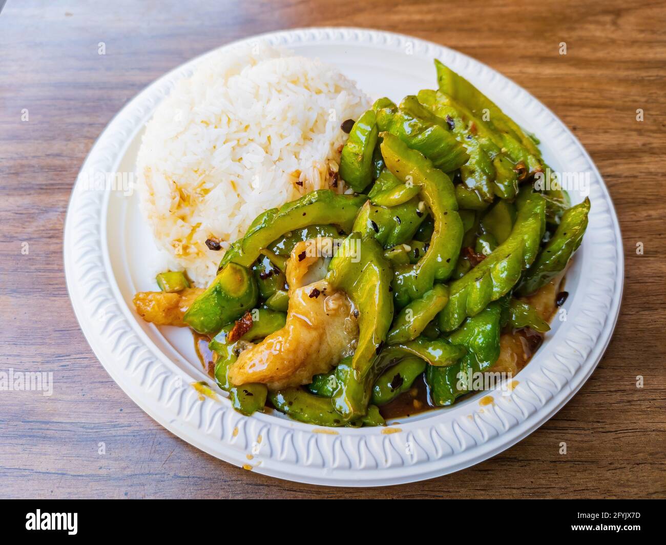 Close up shot of fried bitter gourd with fish steak at San Francisco