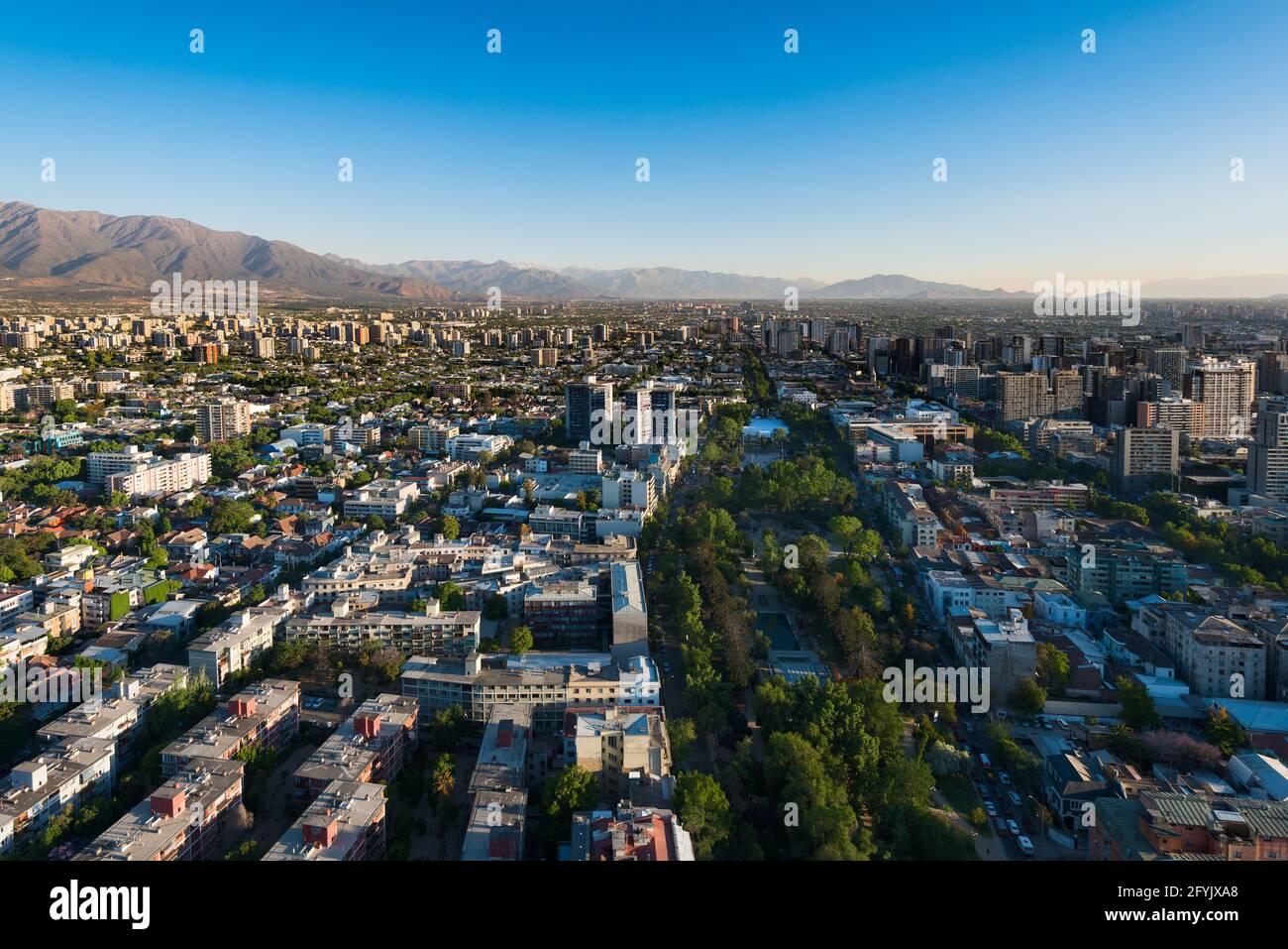 Aerial view of Bustamante Park at Providencia district in Santiago de Chile. Stock Photo