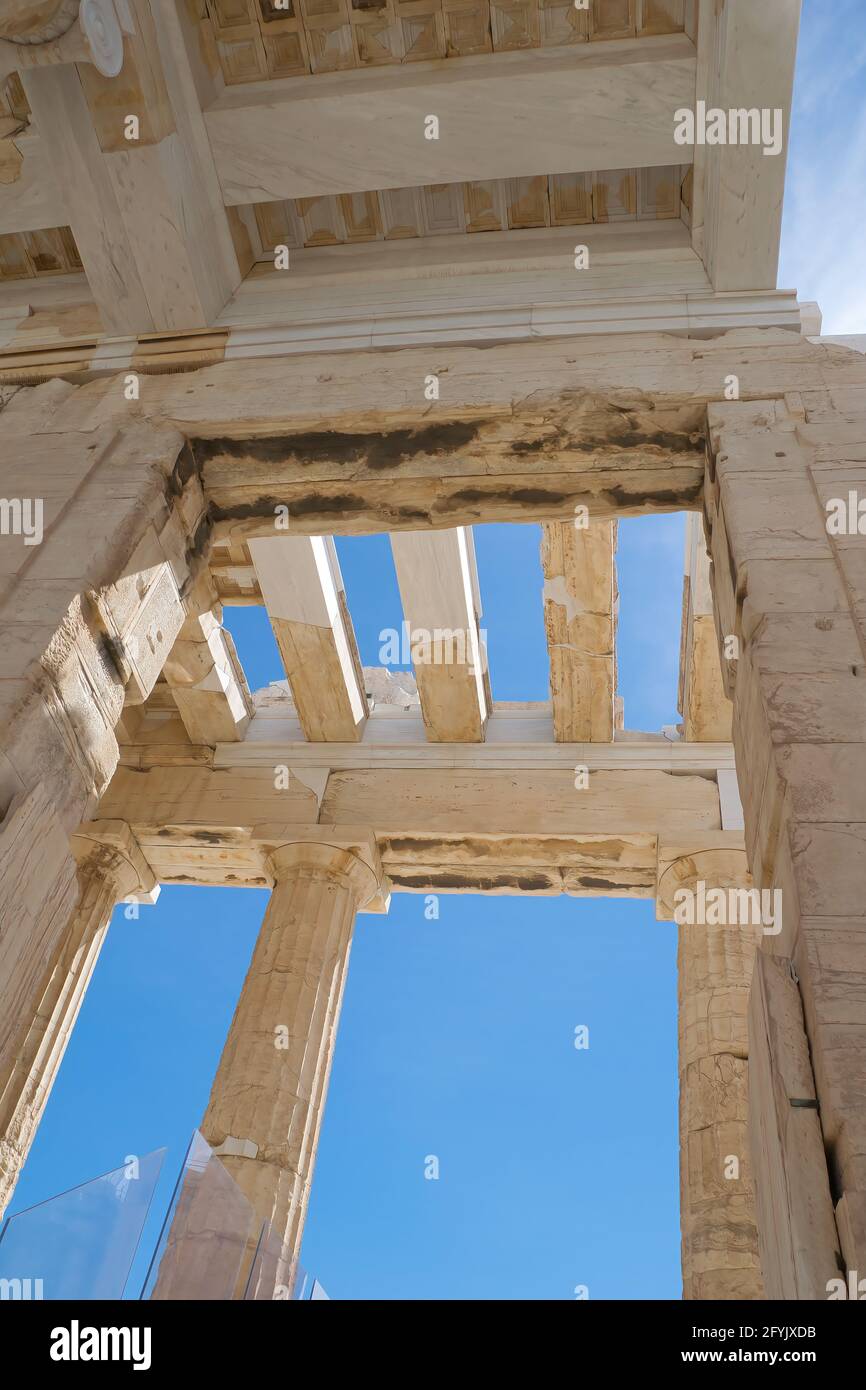 ATHENS, GREECE - May 18, 2021: Acropolis, Parthenon Propylaea, The Propylaea of the Acropolis of Athens, the monumental entrance to the Acropolis temp Stock Photo