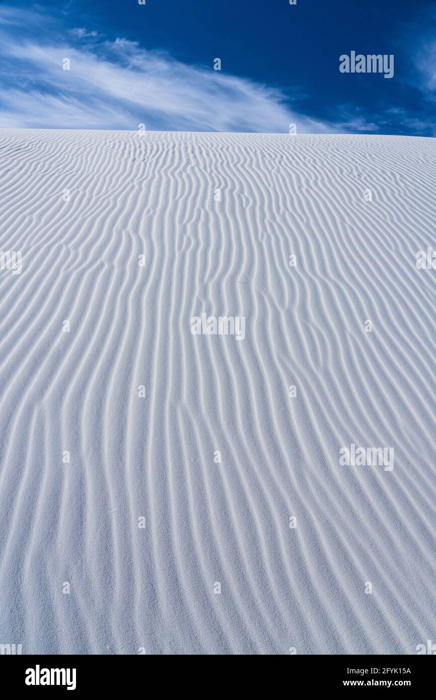 Ripple patterns and blue sky in White Sands National Park, New Mexico. Stock Photo