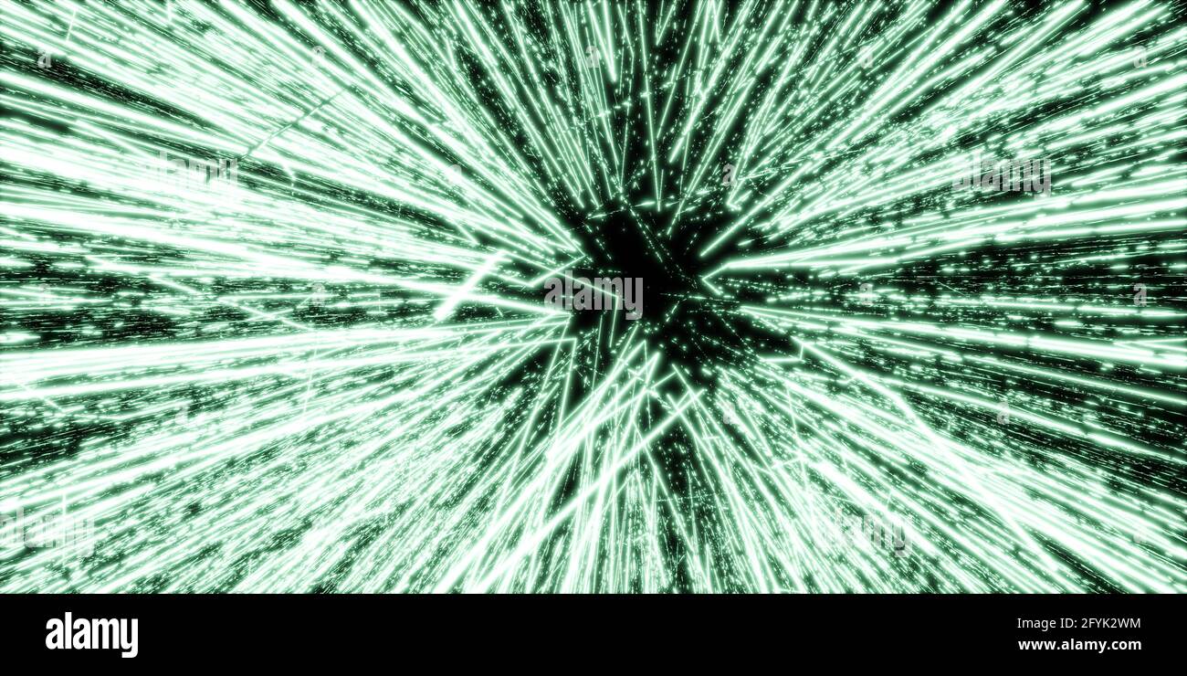abstract green light beams on dark background 3d render illustration