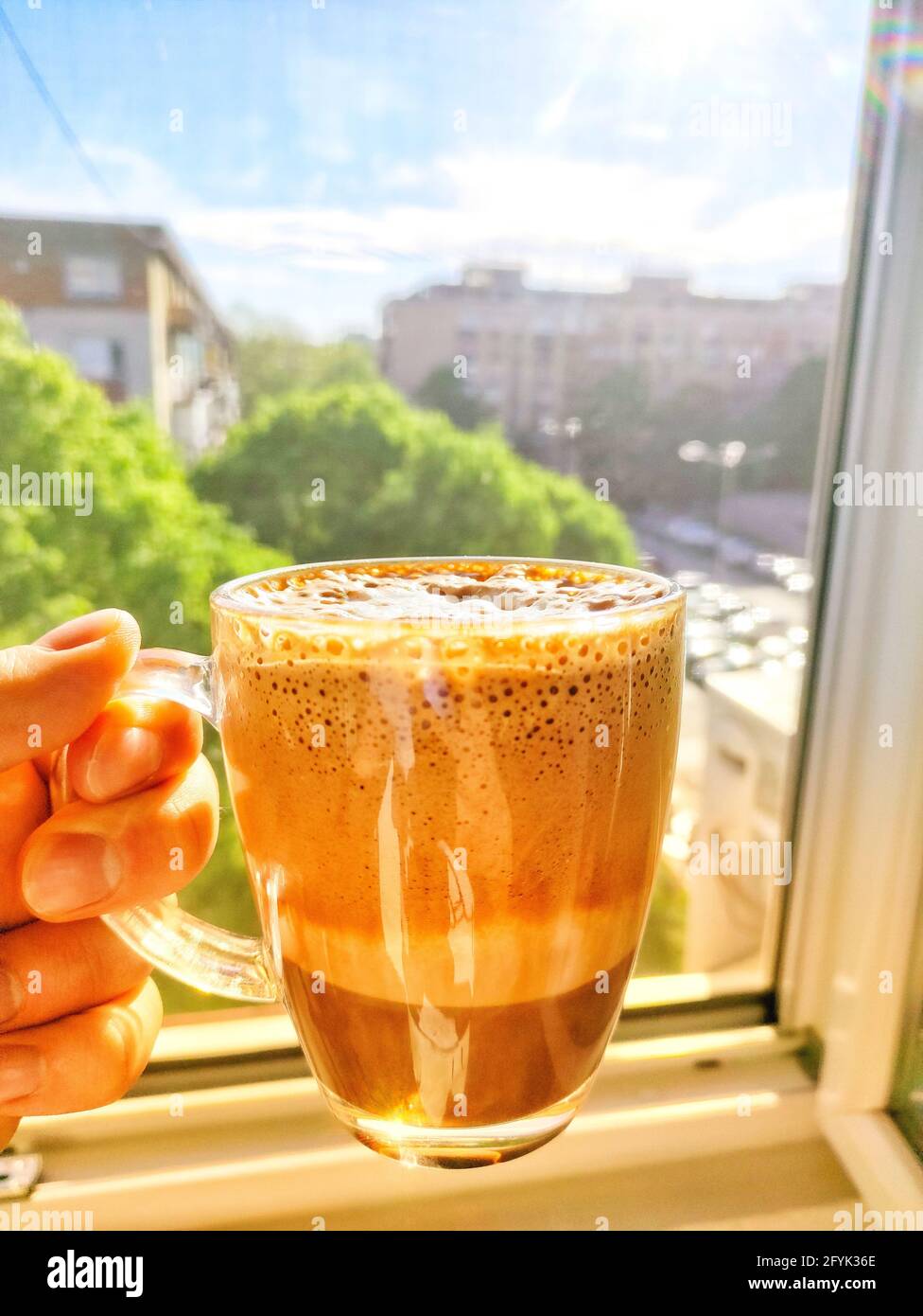 Coffee time. Hot instant coffee served. Food and drinks concept Stock