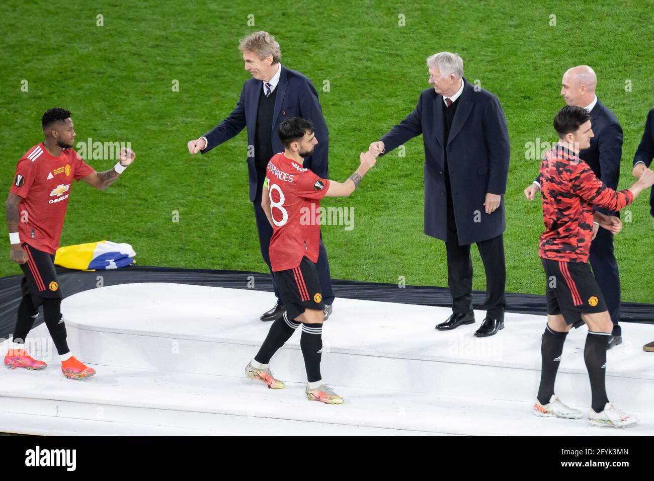 Zbigniew Boniek President Of Polish Football Association Sir Alex Ferguson And Bruno Fernandes Of Manchester United Seen During The Uefa Europa League Final 2021 Match Cup Awarding Ceremony Between Villarreal Cf And