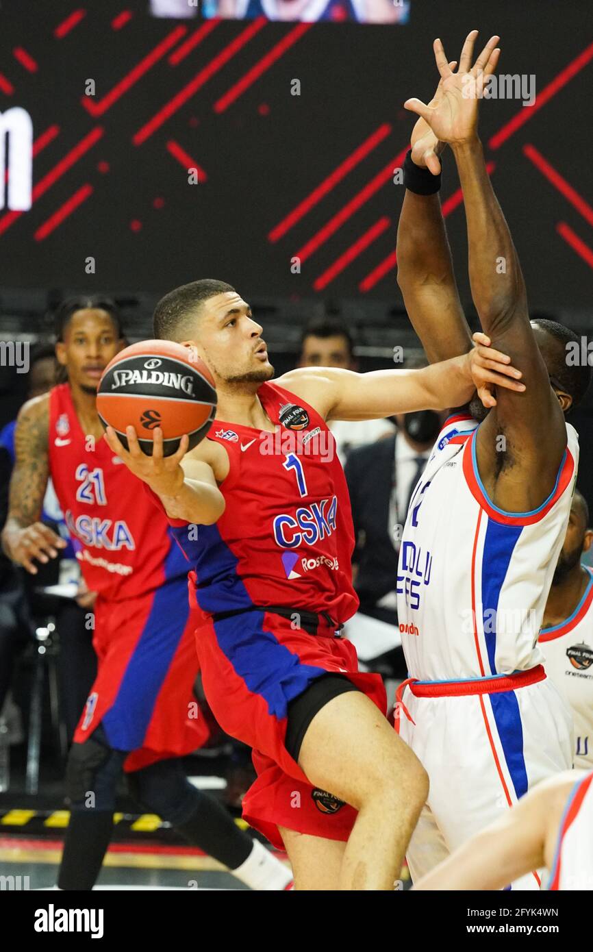 Cologne, Germany. 28th May, 2021. CSKA Moscow's Gabriel Iffe Lundberg (C)  and Anadolu Efes Istanbul's in the 2020-21 Euroleague Final Four Semifinal  B basketball match between CSKA Moscow and Anadolu Efes Istanbul