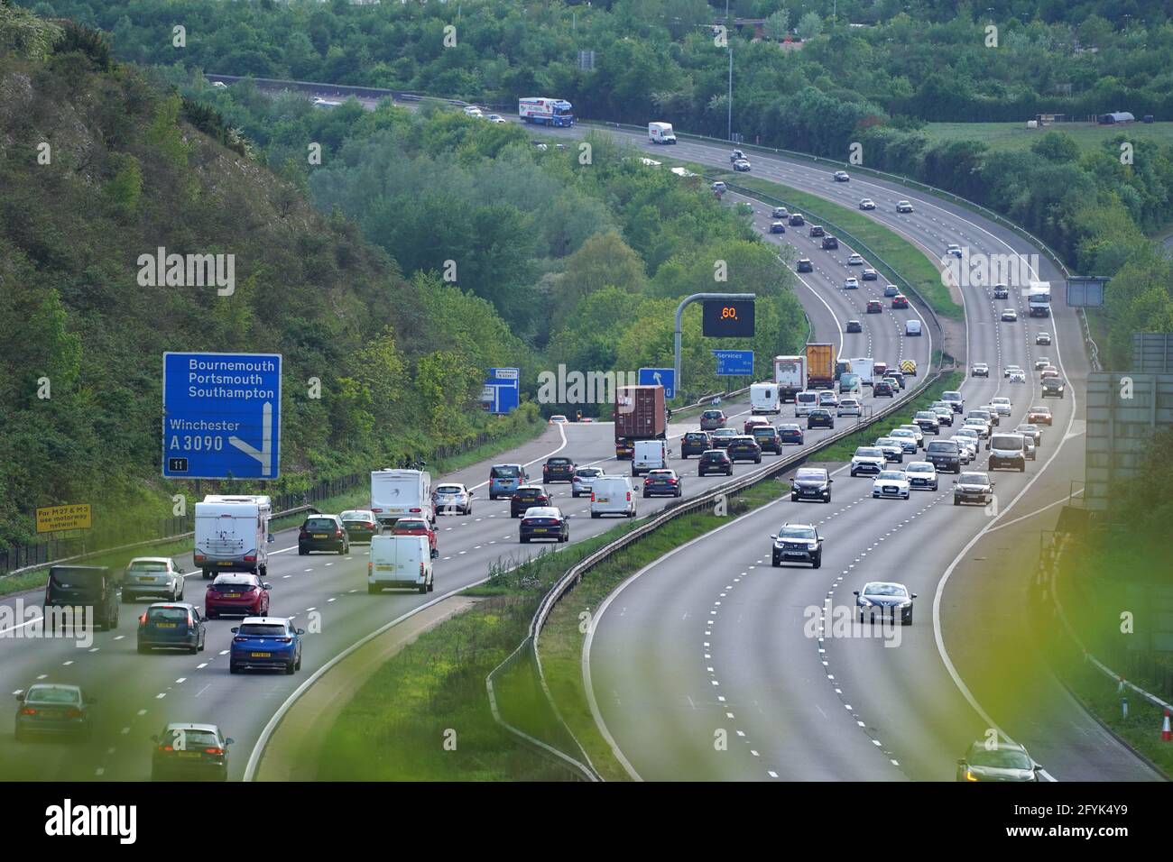 Traffic builds up on the M3 southbound heading towards the coast, at