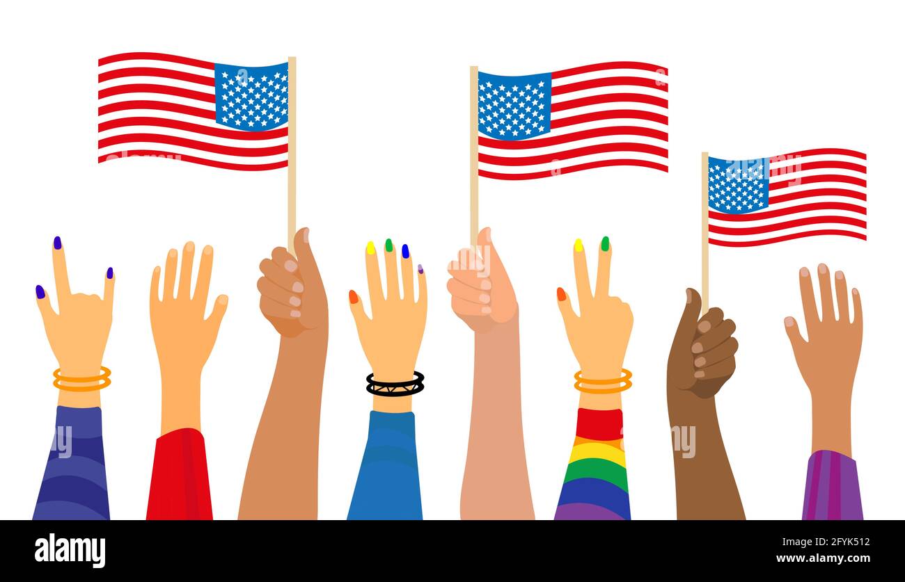 Happy 4th july, People hold American flag. American Independence Day national holiday. Vector