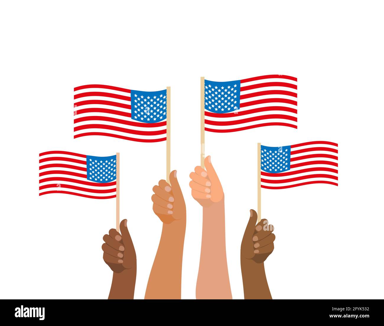 Happy 4th july, People hold American flag. American Independence Day national holiday. Vector