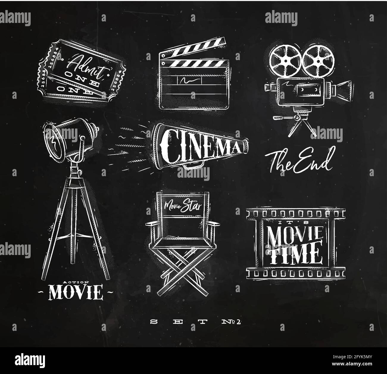 Cinema symbols ticket, clapperboard, movie camera, horn, searchlight, chair  for a movie star, cine film drawing with chalk on chalkboard background se  Stock Vector Image & Art - Alamy