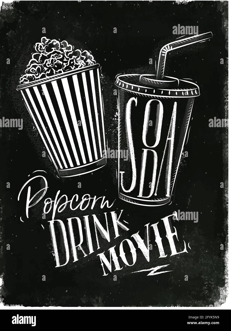 Poster cinema snacks lettering popcorn, drink, movie in vintage style  drawing with chalk on chalkboard background Stock Vector Image & Art - Alamy