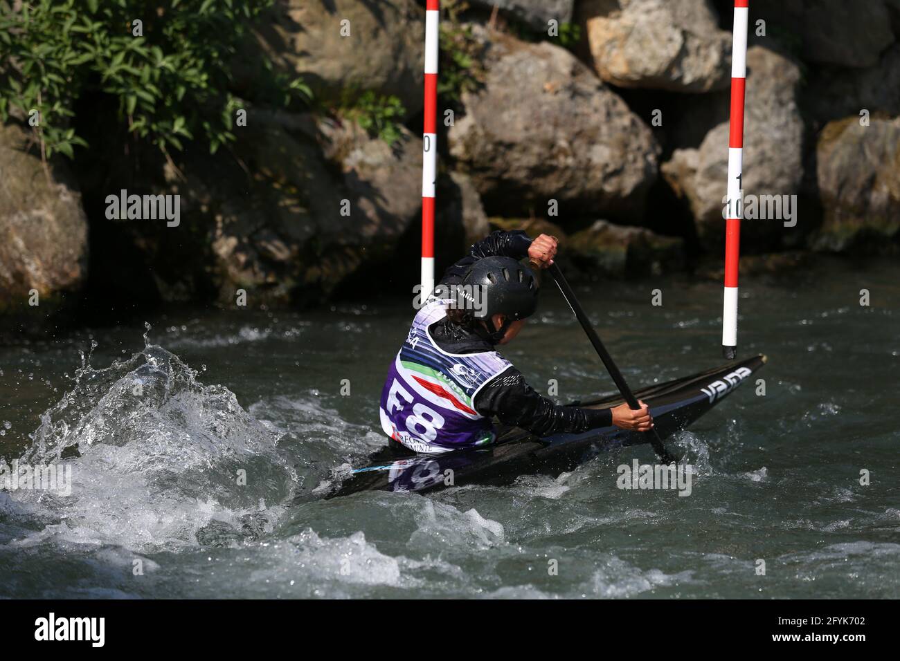 A forerunner ahead of the Women's Canoe (C1) semifinals during the ECA European Championships on the Dora Baltea river on May 9th 2021 in Ivrea, Italy Stock Photo