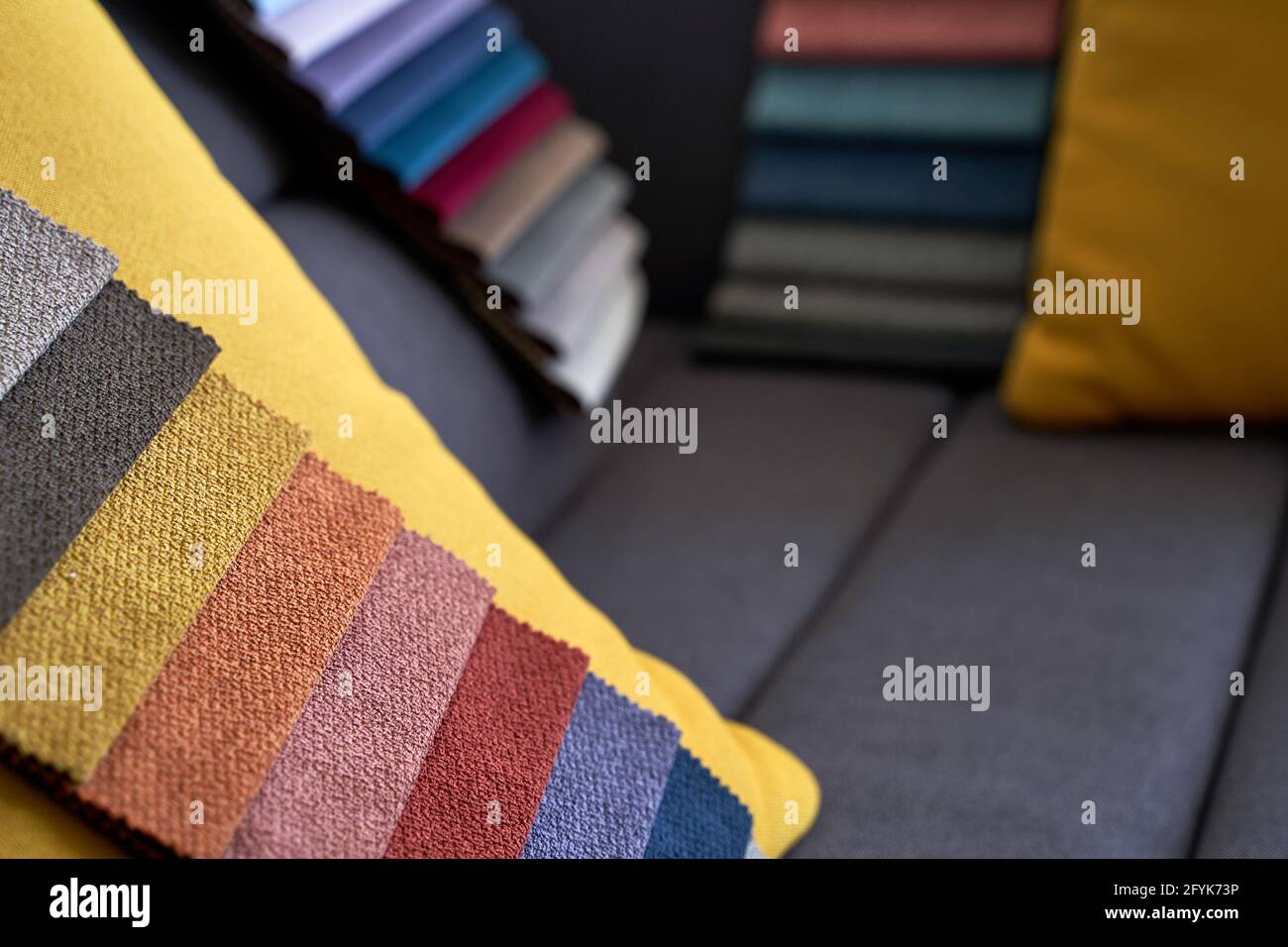 Colorful upholstery fabric samples on the sofa Stock Photo Alamy