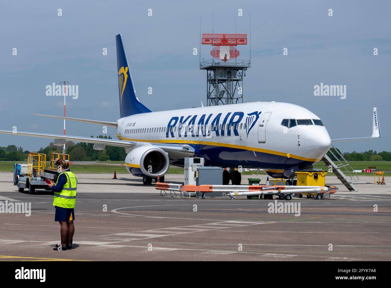 Ryanair Boeing 737 jet airliner plane on stand at London Southend Airport, Essex, UK, ready for resumption of flights after COVID 19 cessation Stock Photo