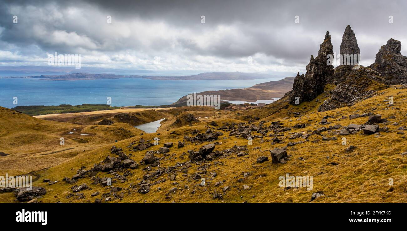 The Old Man of Storr on the Isle of Skye under a cloudy sky. Stock Photo