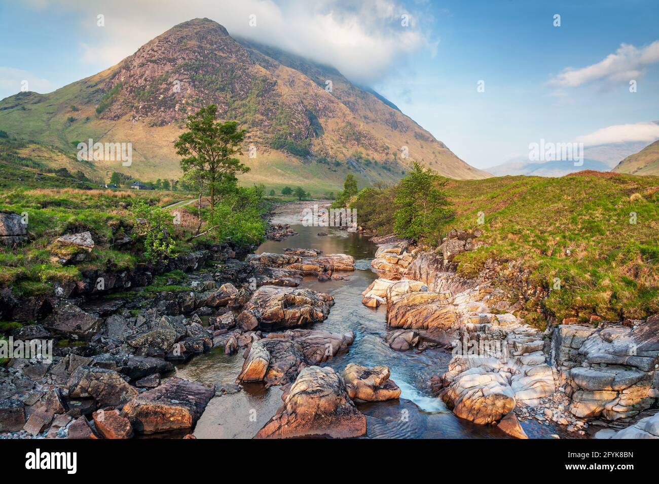 The River Etive flowing through Glen Etive in the Scottish Highlands. Stock Photo