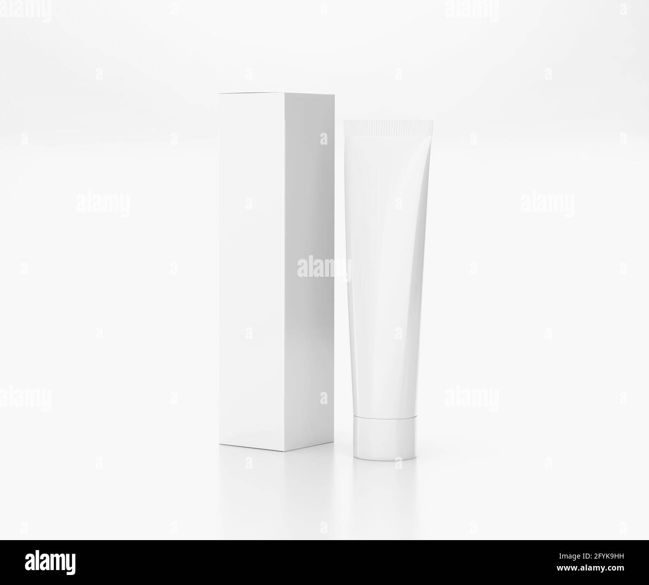 White Toothpaste Tube with Box, Blank Container 3D Rendering isolated on light background Stock