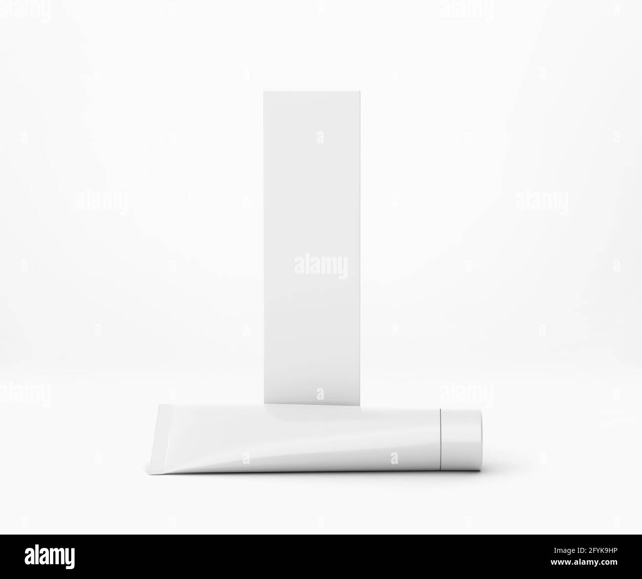 White Toothpaste Tube with Box, Blank Container 3D Rendering isolated on light background Stock