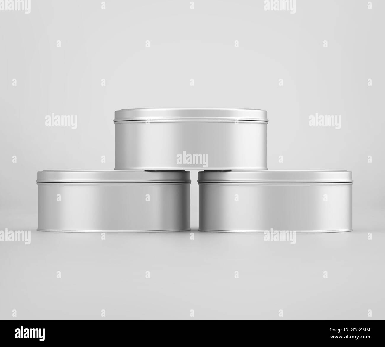 White Small Round Tin Can Mockup, Blank food Container, 3d Rendering isolated on light gray background, Ready for your design Stock Photo