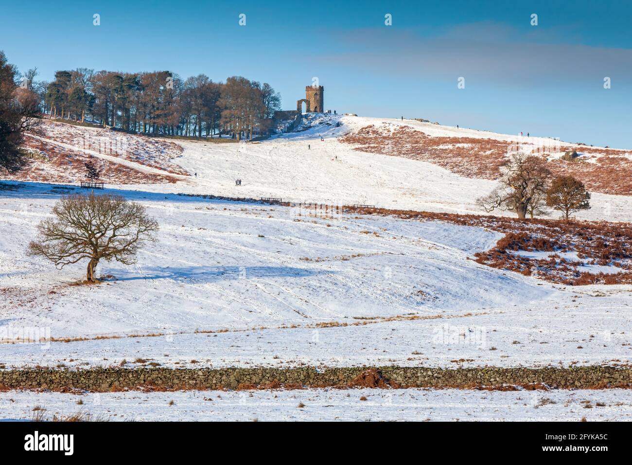 A snowy winter scene at Bradgate Park in Leicestershire, with Old John in the distance. Stock Photo