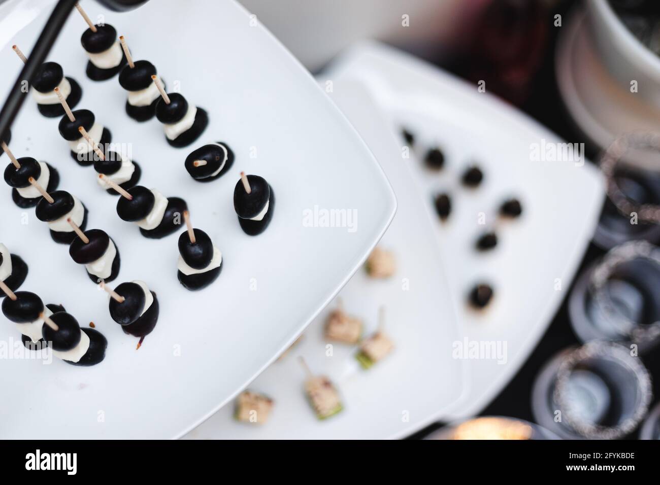 Hors d'oeuvres of black and white colors on platters at a fancy dinner
